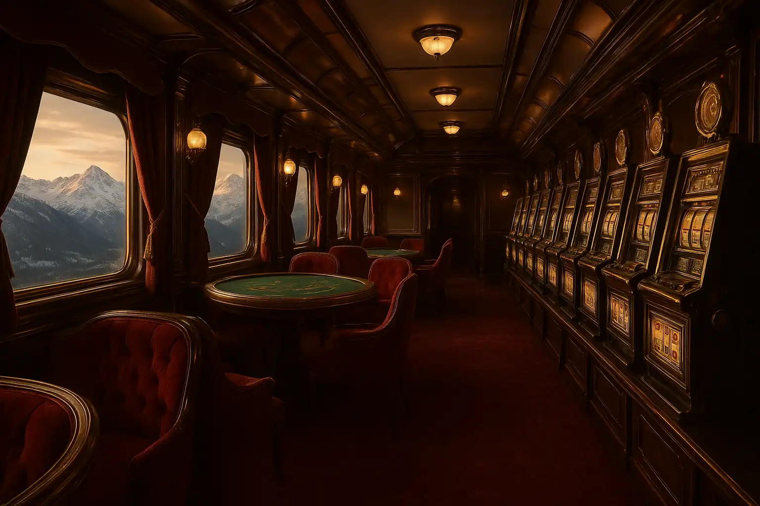 Luxury casino lounge aboard a vintage train with velvet drapes and brass details