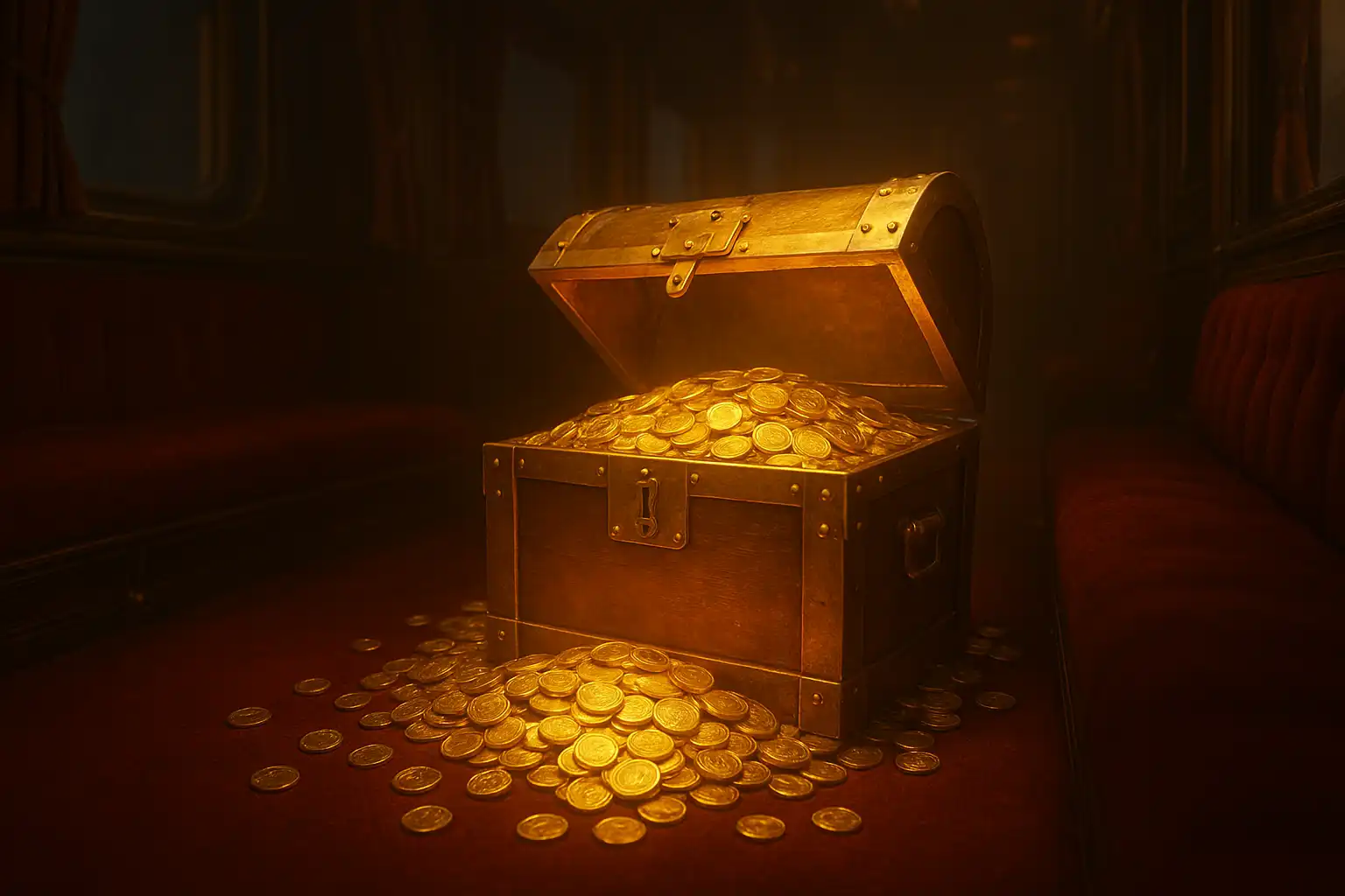 Golden bonus chest glowing on a velvet train seat with brass coin symbols