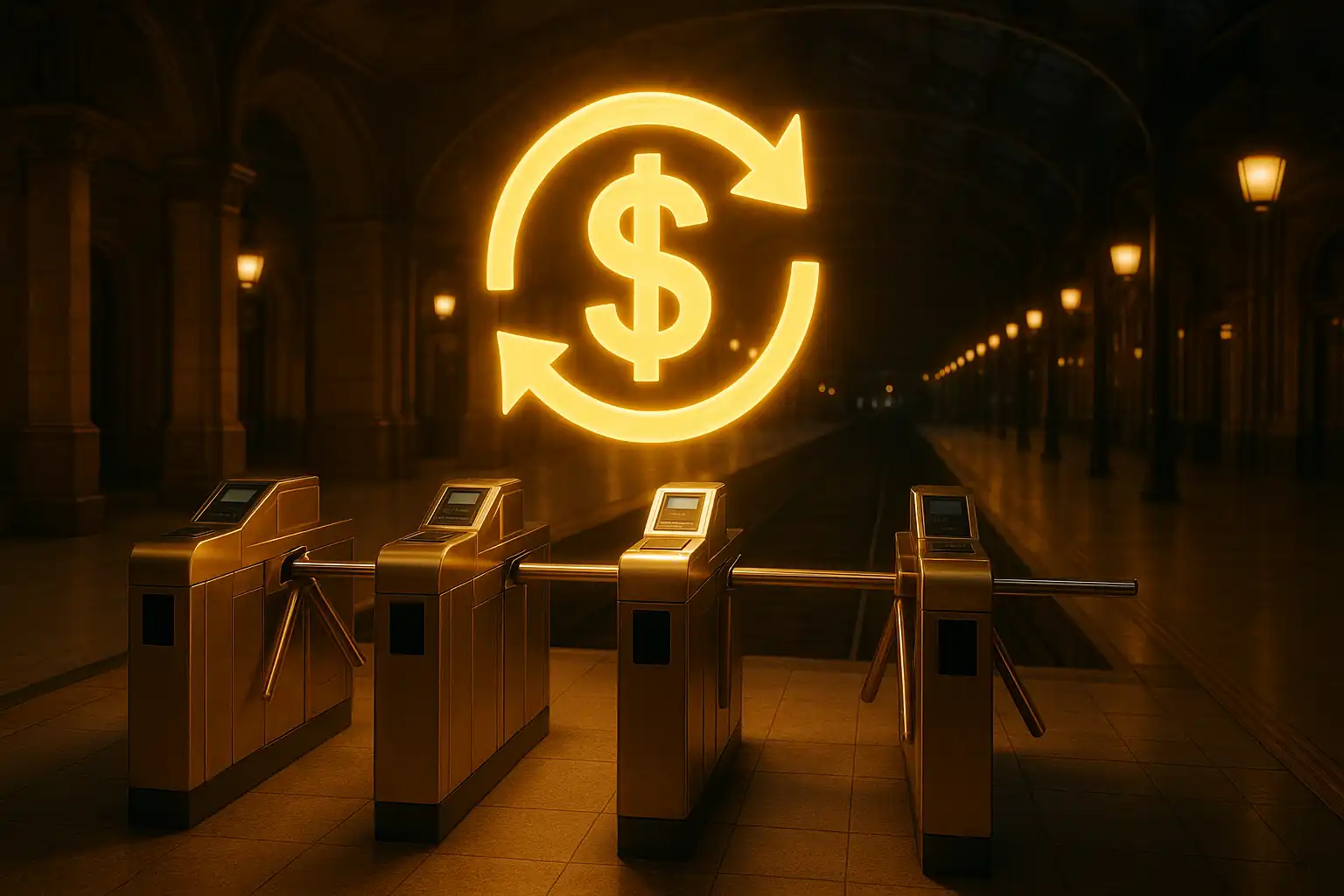 Instant bank transfer icon glowing beside a train ticket gate, representing Pay n Play