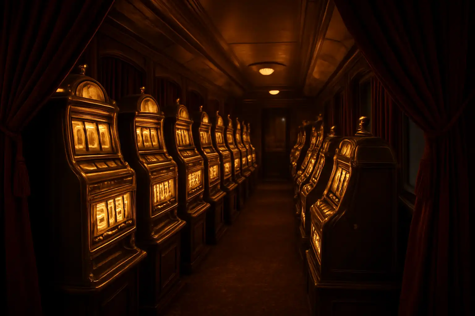 Row of vintage-styled slot machines with brass trim inside a train carriage