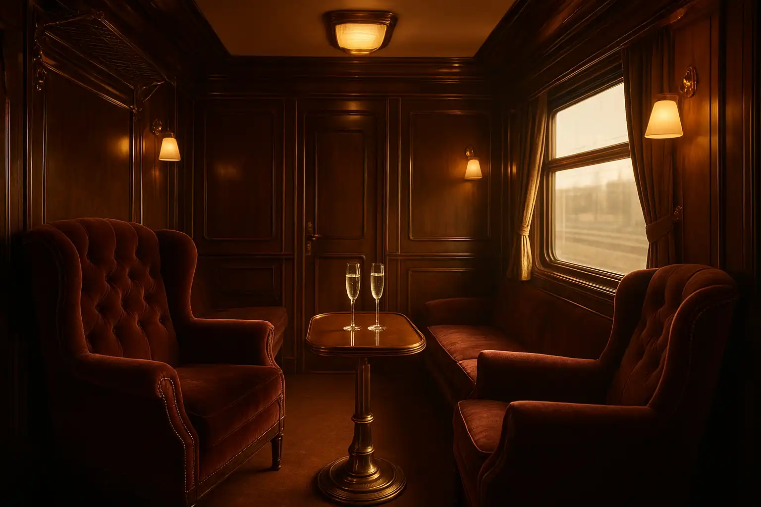 Luxurious first class train compartment with brass fittings representing the VIP club