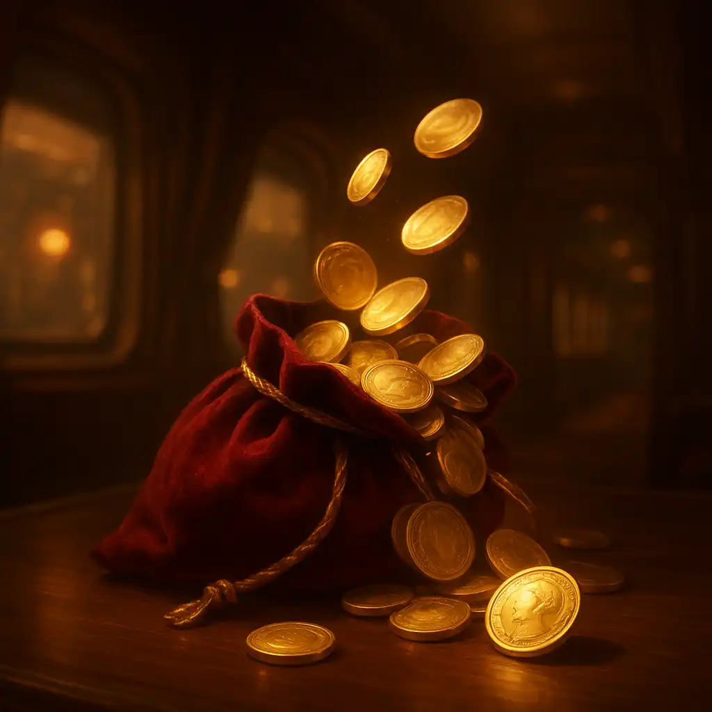 Illustration of coins flowing back into a velvet pouch, symbolising cashback