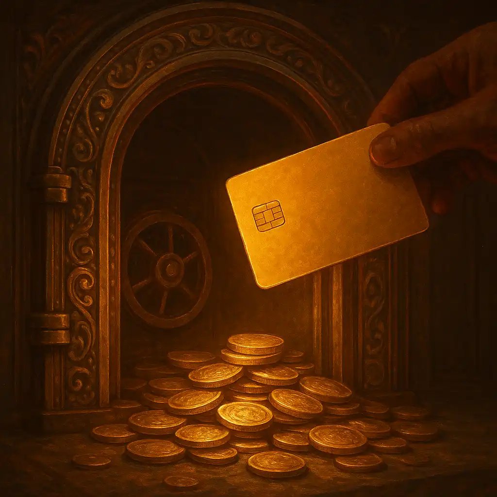 Illustration of brass coins and a card being deposited into a golden vault