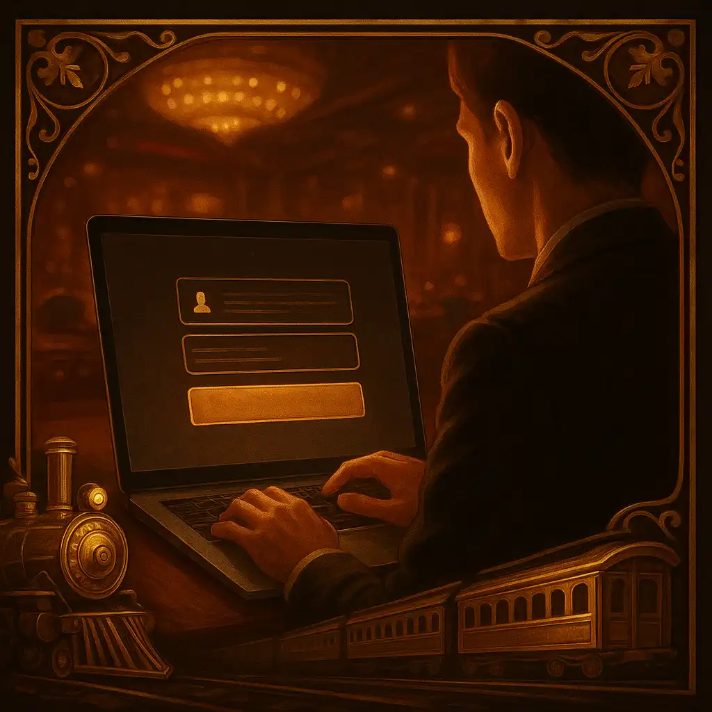 Illustration of a player registering an account on a laptop with train motifs