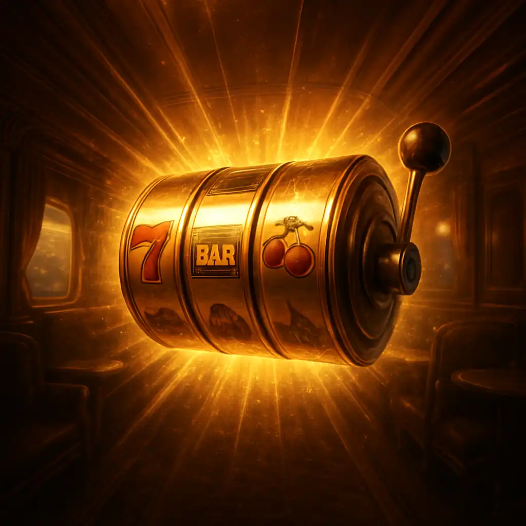 Illustration of a vintage slot machine reel spinning with golden light